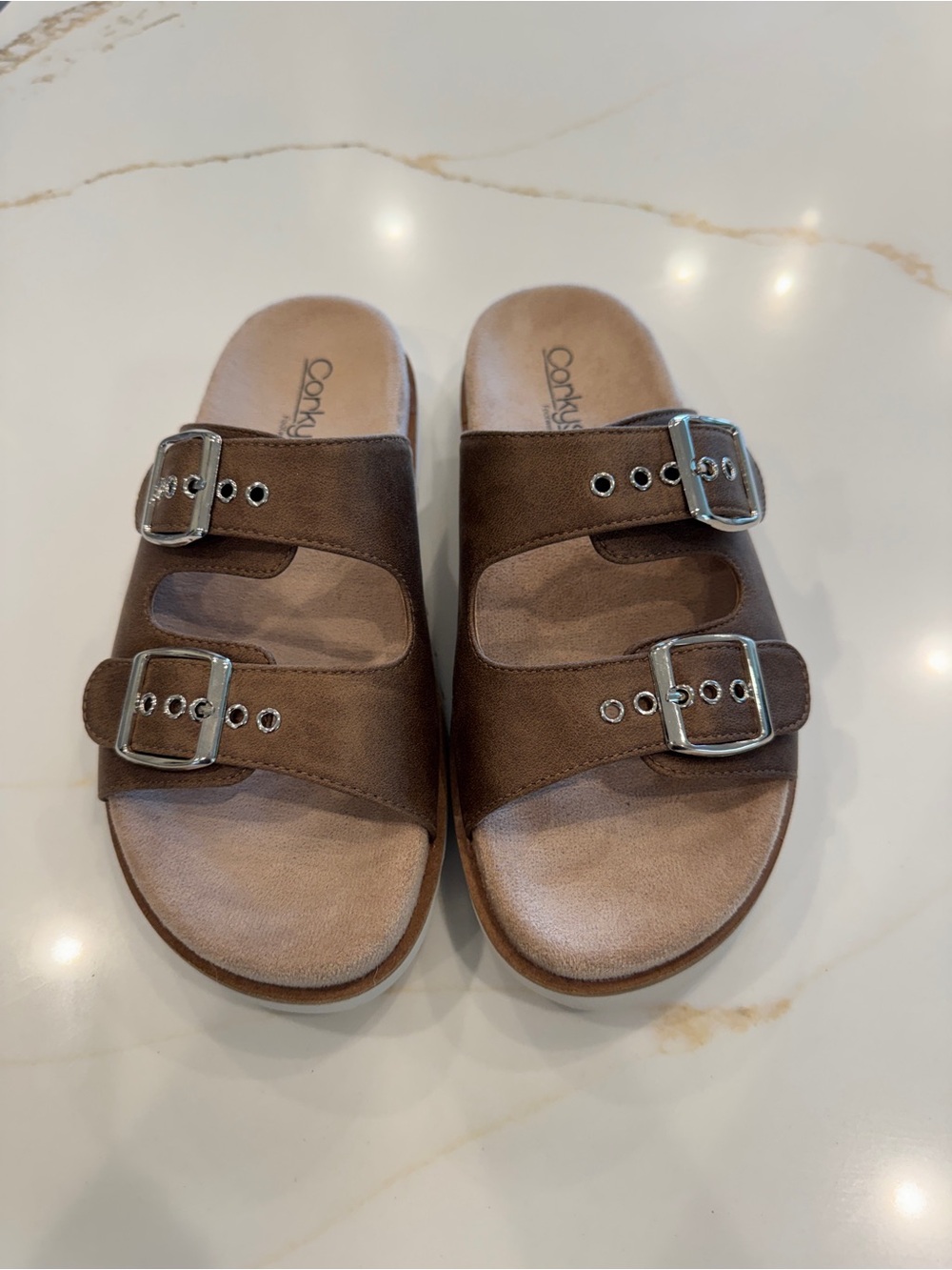 Corkys Tan Double-Buckle Slide Sandals with Silver Buckles
